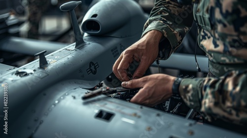 Military personnel working on gray drone aircraft