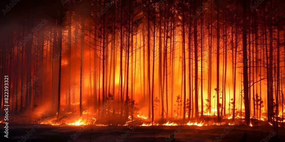 Wildfire devastates pine forest during dry season part of global environmental crisis. Concept Wildfire Prevention, Environmental Conservation, Global Crisis Awareness, Forest Restoration