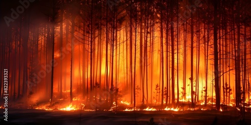 Wildfire devastates pine forest during dry season part of global environmental crisis. Concept Wildfire Prevention  Environmental Conservation  Global Crisis Awareness  Forest Restoration