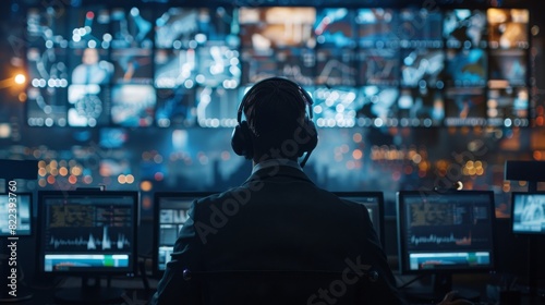 Cybersecurity Specialist Monitoring Data Streams in a Control Center