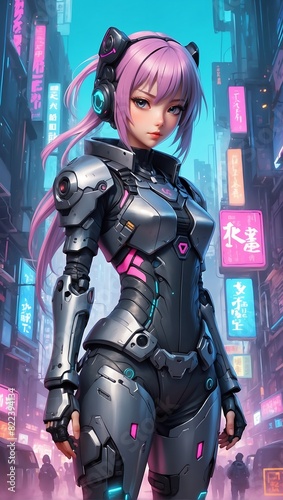 Beautiful cyberpunk anime girl character wearing tech armor