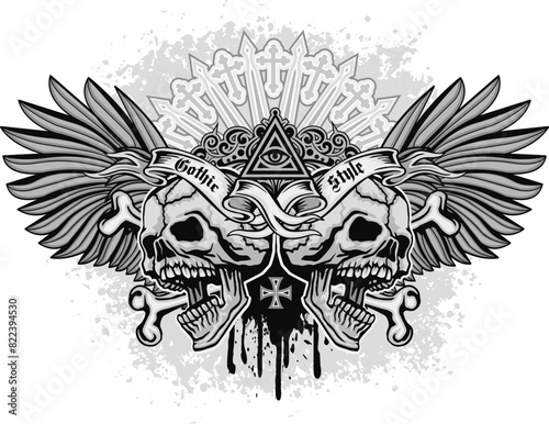 Gothic sign with skull and Wings , grunge vintage design t shirts
