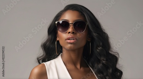 Beautiful attractive black woman model wearing sunglasses with suprised emotion photo