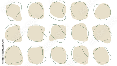 15 Modern bright brown drop Shapes liquid irregular blob with dark Green line abstract elements graphic flat style design fluid illustration set
