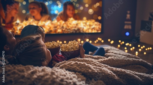 A family movie night at home, with everyone snuggled up on the couch under a soft blanket, popcorn bowls in hand, watching a feel-good film on a large screen with twinkling fairy lights 