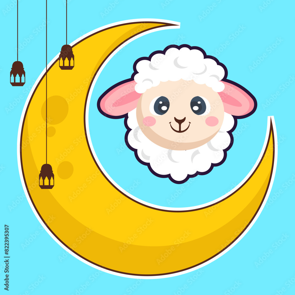 Fototapeta premium vector cute sheep sitting on moon cartoon vector icon illustration, eid al adha