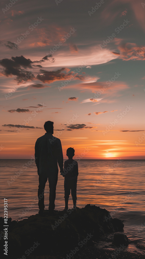 Silhouette of Parent and Child Holding Hands at Sunset - Heartwarming Moment of Bonding and Reflection by the Ocean Silhouette of Parent and Child Holding Hands at Sunset - Heartwarming Moment of Bonding and Reflection by the Ocean
