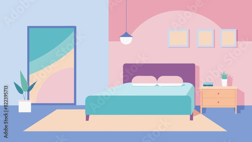 Pastel Themed Minimalist Bedroom Illustration ,Soft and Stylish Decor, Modern Bedroom