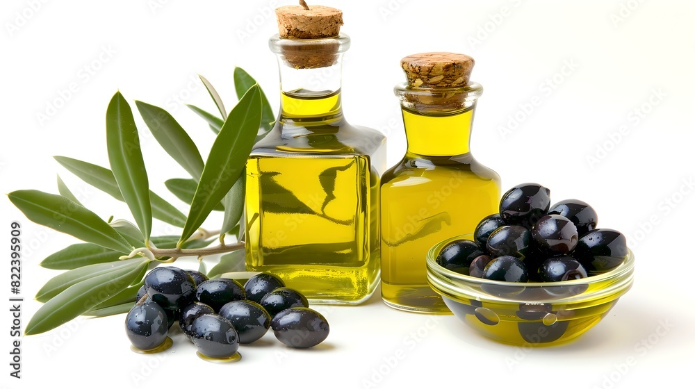 Extra Virgin Olive Oil in Transparent Bottles with Fresh Olives and Leaves. Ideal for Healthy Cooking and Mediterranean Diet. Pure and Organic Ingredients. AI Extra Virgin Olive Oil in Transparent Bottles with Fresh Olives and Leaves. Ideal for Healthy Cooking and Mediterranean Diet. Pure and Organic Ingredients. AI