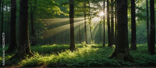 beautiful rays of sunlight in a green forest  | morning in the forest