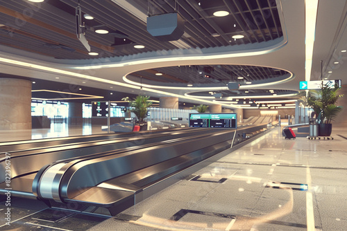 An airport baggage claim area with carousel conveyors, luggage carts, and electronic monitors indicating flight arrivals, where passengers eagerly await the retrieval of their belongings.