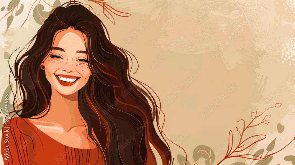 Beautiful young smiling woman with long wavy hair on a beige background. Female beauty and diversity concept. Copy space. Beautiful young smiling woman with long wavy hair on a beige background. Female beauty and diversity concept. Copy space.