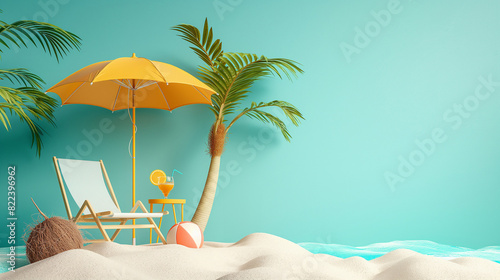 3d deck chair with palm tree, umbrella and coconuts on the white sand on seaside photo