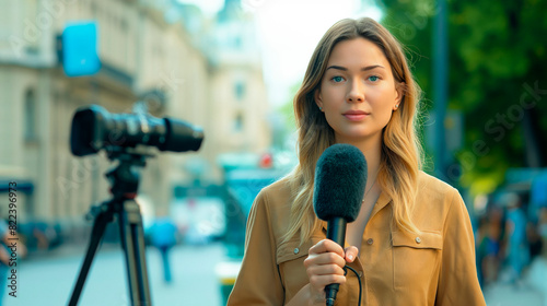 TV correspondent journalist with microphone during live breaking news outside, full length shot, looking at camera