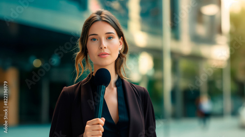 TV correspondent journalist with microphone during live breaking news outside, full length shot, looking at camera