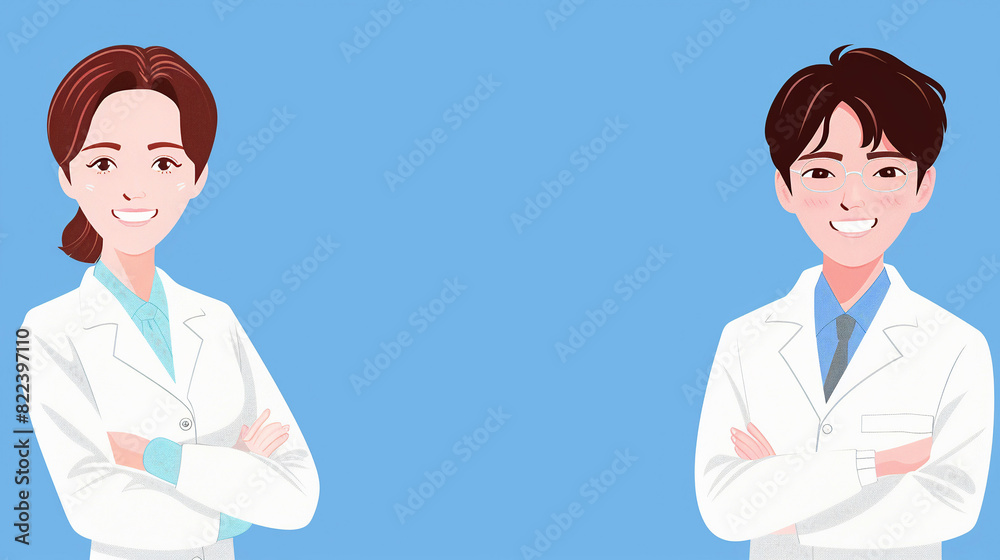 Two smiling Asian doctors woman and man in white lab coat on a blue background. Medicine and ethnic diversity concept. Copy space. Two smiling Asian doctors woman and man in white lab coat on a blue background. Medicine and ethnic diversity concept. Copy space.