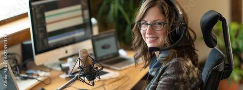 Happy woman sitting at a desk in a podcast studio