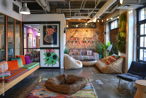 A creative agency office featuring eclectic decor, quirky wall art, and cozy breakout areas with mismatched furniture, inspiring imagination and out-of-the-box thinking among employees.