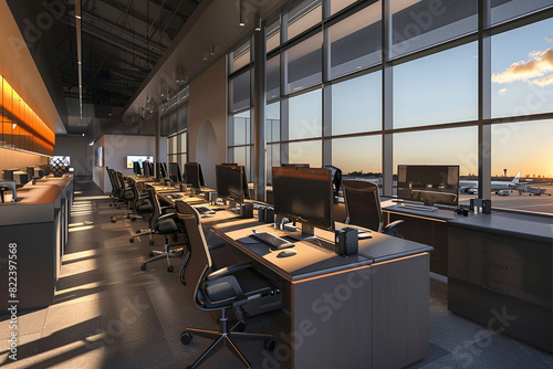 An airport business center with private meeting rooms, high-speed internet access, and ergonomic workstations, catering to business travelers needing to stay productive on the go.