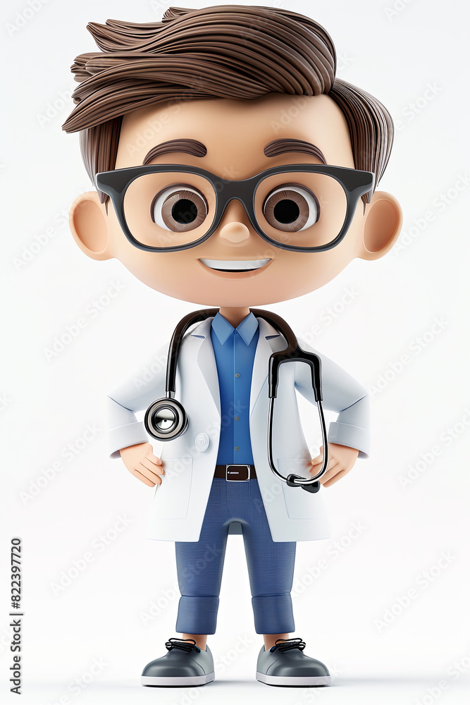 Charming Cartoon Doctor with Glasses and Stethoscope in White Coat and Blue Outfit Charming Cartoon Doctor with Glasses and Stethoscope in White Coat and Blue Outfit