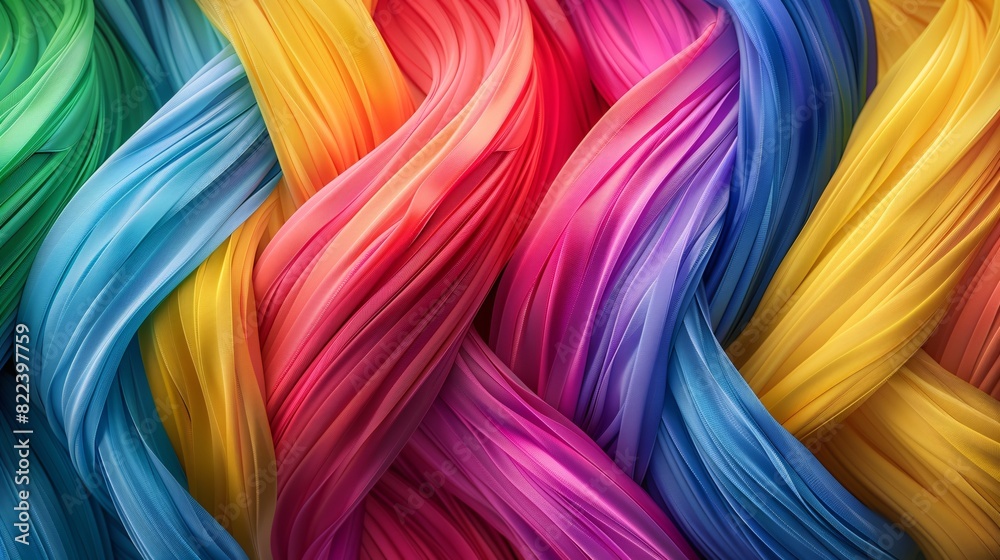 Modern 3D rendering of interwoven rainbow-colored ribbons forming a flowing, abstract background, representing unity and diversity within the LGBT community. Modern 3D rendering of interwoven rainbow-colored ribbons forming a flowing, abstract background, representing unity and diversity within the LGBT community.