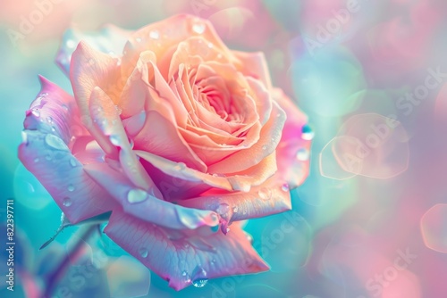 A macro photograph showcases the intricate details of a vibrant rose against a pastel color backdrop with water droplet 