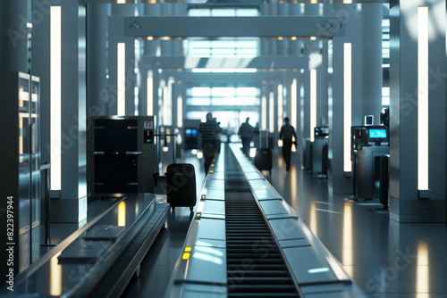 An airport security checkpoint with sleek metal detectors, conveyor belts for carry-on luggage, and friendly TSA agents assisting travelers with the screenin