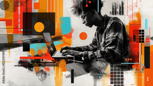Photo collage of an African American business man using laptop at the office and colorful graphic elements around