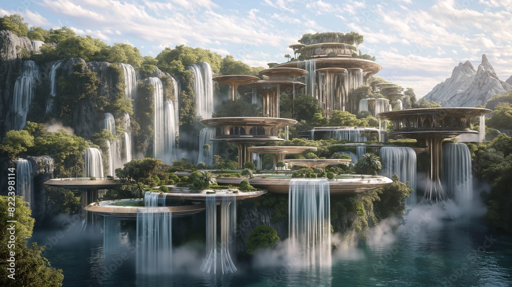 A floating island paradise crafted by AI architects, featuring gravity-defying structures surrounded by cascading waterfalls. 32k, full ultra HD, high resolution
