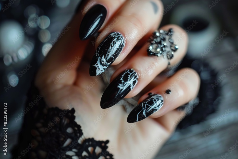 Hand Model With Long Almond Shaped Nails Painted In Black With A Gothic Style Hand Model With Long Almond Shaped Nails Painted In Black With A Gothic Style