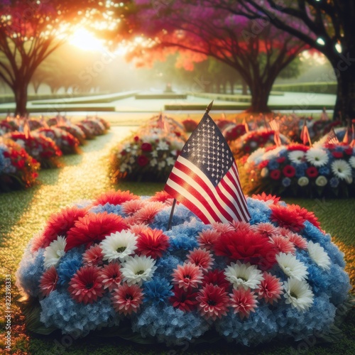 Patriotic Bloom: A Vibrant Floral Tribute with American Flag Amidst a Serene Park at Twilight. Generative AI