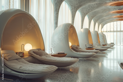 An airport transit lounge with comfortable sleeping pods, showers, and massage chairs, providing weary travelers with a peaceful sanctuary for rest and relaxation during layovers.