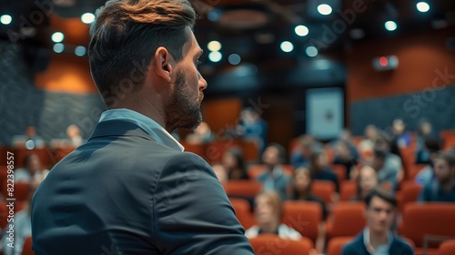 A business coach conducting a seminar on techdriven customer service improvements, front view, highlighting enhanced customer experiences, digital tone, Complementary Color Scheme