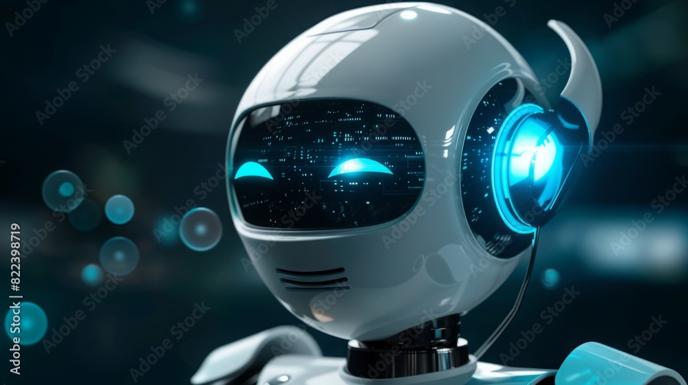 A white robot with blue eyes stands against a black background, showcasing its futuristic design. A white robot with blue eyes stands against a black background, showcasing its futuristic design.