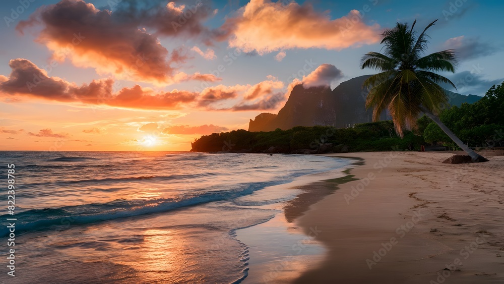  summer sunset over a sea beach, with colorful reflections on the water