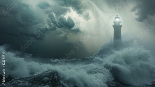 Storm waves over the Lighthouse in a cloudy day photo