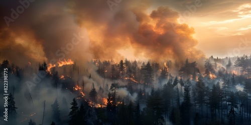 Rampant wildfire devastates pine forest in dry season amid worldwide alarm. Concept Natural Disasters, Climate Change, Forest Conservation, Environmental Impact, Global Concerns photo
