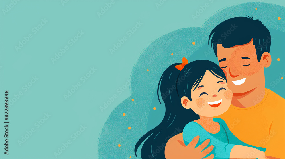 Happy father hugging his little daughter on a blue background. Happy father's day. Parenthood, family concept. Copy space. Banner design. Happy father hugging his little daughter on a blue background. Happy father's day. Parenthood, family concept. Copy space. Banner design.