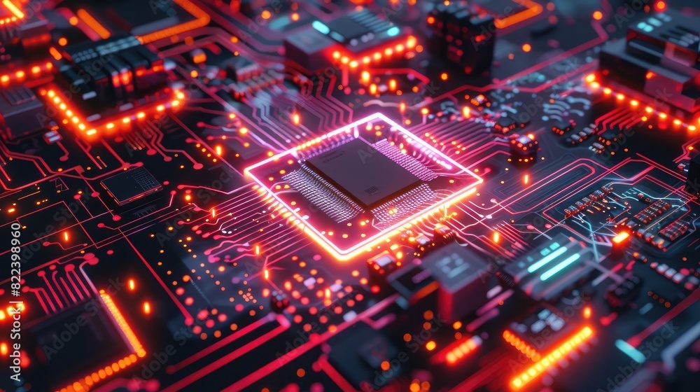3D rendering of a computer chip and circuit board with neon lights glowing in a dark background, in a high tech concept. Wide angle lens shows a realistic daylight style scene.