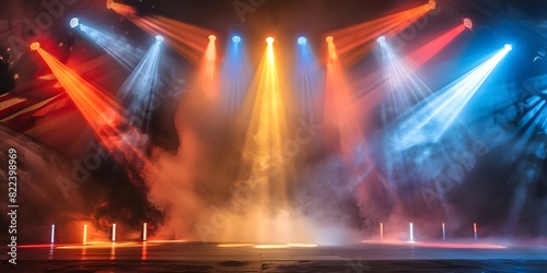 Memorial Day Stage Setting with American Flag  Red White Blue Color Scheme  Spotlight  and Smoke. Concept Memorial Day Decoration  American Flag  Colorful Stage  Spotlight  Smoke Effects
