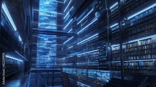 A futuristic library housing a vast repository of AI-generated knowledge, with holographic displays illuminating the digitized archives. 32k, full ultra HD, high resolution photo