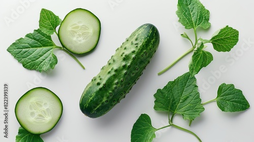 Small cucumber with leaves isolated on white background. top view. Generative AI. photo