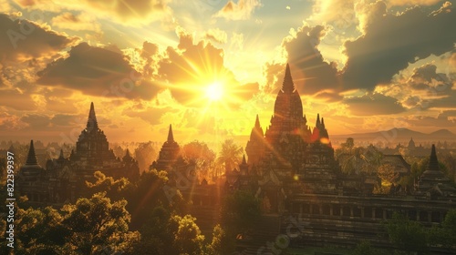 Sunset view of Prambanan Temple, one of the largest Hindu temples in Java Indonesia. 4K, UHD photo