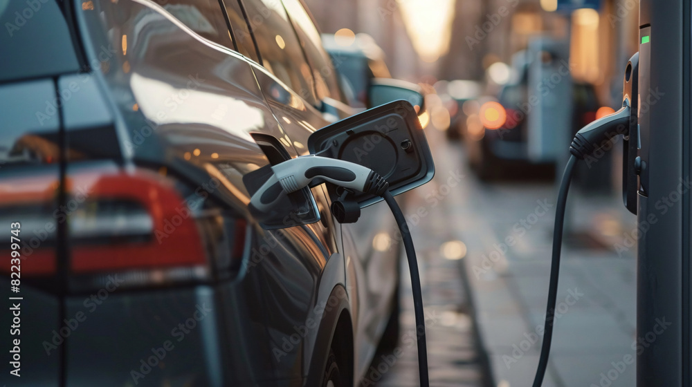 Close-Up of a Single Plug Charging an Electric Vehicle at a Modern City Charging Station - Urban Sustainability and Green Energy.