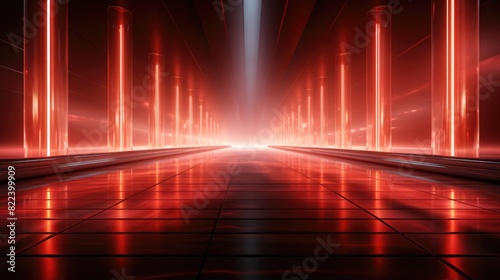 Abstract red and black futuristic corridor with glowing pillars