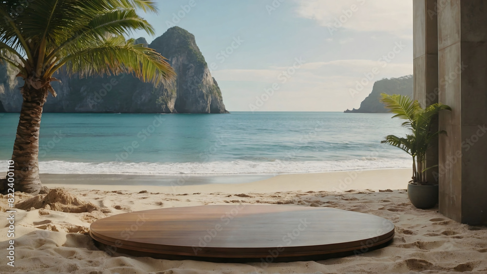 Obraz premium Beach podium summer background sand product 3D sea display platform. Beach podium summer banner stand scene sale sky holiday vacation stage water island sun travel pedestal promotion presentation ad.