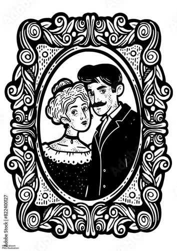Vintage old fashioned photo of a married couple sketch engraving PNG illustration. T-shirt apparel print design. Scratch board imitation. Black and white hand drawn image.