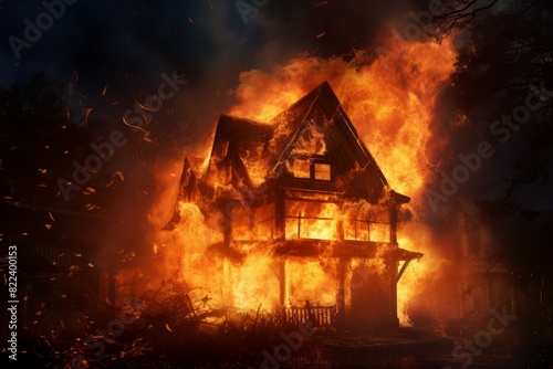 An intense blaze consumes a two-story house with fiery embers scattering in the dark © juliars