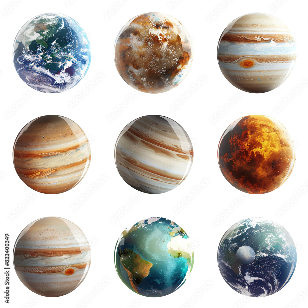 Set of realistic planets on white background,png