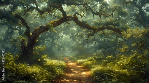 A serene pathway leading to the Angel Oak, framed by moss-covered trees and lush vegetation, inviting exploration and contemplation. List of Art Media Photograph inspired by Spring magazine photo